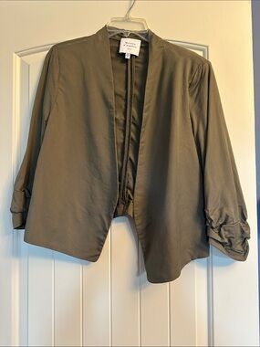 Maison Jules Olive Green Open Blazer with Ruched Sleeves